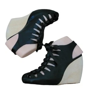 Loeffler Randall Vivan Black Lace Up Caged Wood Sculpted Wedge - Picture 1 of 8