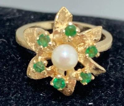 Pearl Emerald 14k Solid Gold Cluster Ring Size 5.25 Six Pointed Star of David - Image 1 of 4