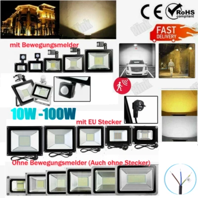 10W-100W LED Fluter Außen Strahler Scheinwerfer mit Bewegungsmelder Stecker DE - Bild 1 von 4