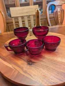 Vintage Ruby Red 3 Coffee/Tea Cups 2 Ice Cream Cups - Picture 1 of 8