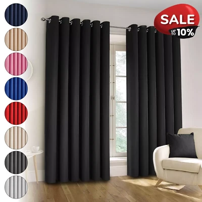 Plain Blackout Eyelet Curtains Ready Made Ring Top Thick Curtains With Tie Backs - Image 1 of 4