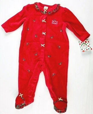 Little Me My First Christmas Footed One-Piece Girls 6 Months Red Velour Ruffles - Image 1 of 4