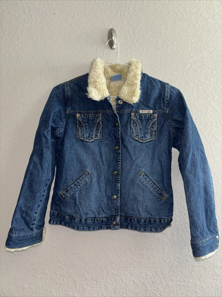 Quiksilver Roxy 女孩 Pennylane 毛皮衬里牛仔短夹克 XL 码复古 Y2K — 第 1/4 张图片