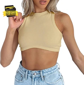 Sexy Sleeveless Crewneck Tank Top Ribbed Knitted Crop Tops for Women ⭐️⭐️⭐️⭐️⭐️ - Picture 1 of 5