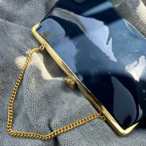 VINTAGE FRENCH MID-CENTURY MODERN COBLENTZ PERMA PLASTIC NAVY W/GOLD CLUTCH- 50s - Picture 1 of 16