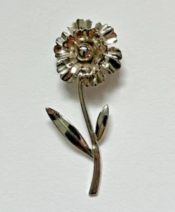 Flower with Long Stem with Leaves Silver Tone Pin Brooch - Bild 1 von 3