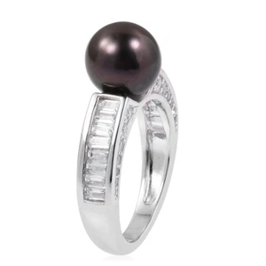 Tahitian 9 mm Black Pearl, White Topaz Sterling Silver Ring Sz 7 New - Picture 1 of 5