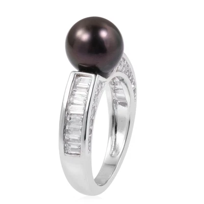 Anillo Tahití 9 mm Perla Negra, Topacio Blanco Plata de Ley Talla 7 Nuevo Foto 1 de 4