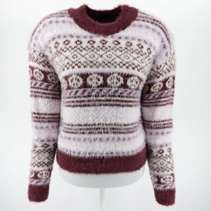 SO Women's Crew Neck Long Sleeve Faux Fur Pullover Sweater White/Burgundy Size S - Picture 1 of 10