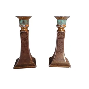 Coppia di candelabri Hutschenreuther Selb Baviera oro moneta 24 carati - pavone e fiori - Foto 1 di 9