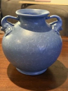 Vtg RumRill 1930's Blue Glazed Double Elephant Handle Vase Antique Red Wing 215 - Picture 1 of 10