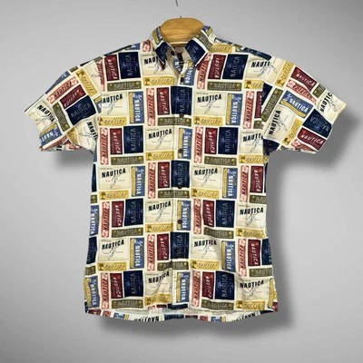 Vintage Nautica Shirt Mens Small Button Up Camp All Over Print Spell Out Rayon - Image 1 of 4