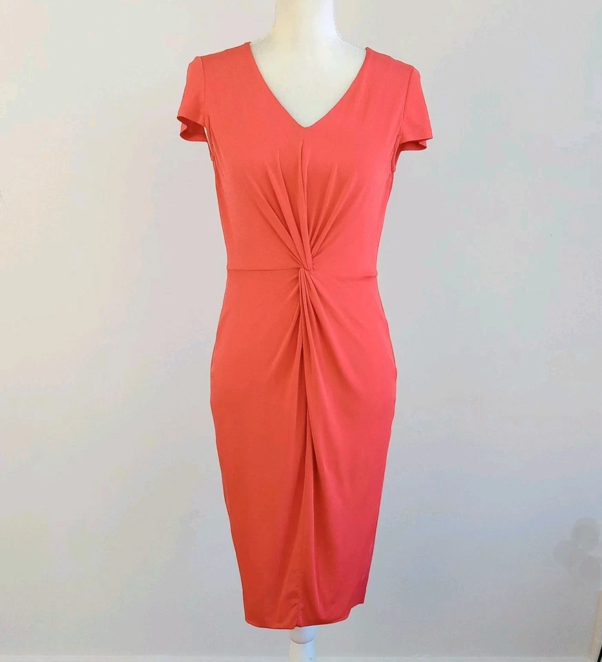 US 6 MAX MARA Paprika Stretch-Front LINEN-Back Knotted-Waist Pencil Dress, ITALY - Image 1 of 4