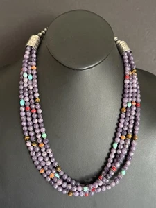 Collar de cuentas de perlas moradas de piedra de varios hilos de plata de ley. 24 pulgadas - Imagen 1 de 12