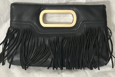 Black Faux Leather With Fringe Clutch Handbag Purse No Strap - Image 1 of 4