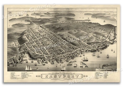Карта города с высоты птичьего полета 1879 Истпорт Мэн винтажный стиль - 16x24 - Изображение 1 из 3
