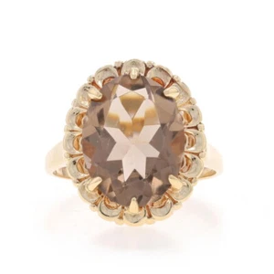 Or Jaune Fumé Quartz Vintage Cocktail Bague Solitaire -10k Ovale 6.95ct Floral - Photo 1 sur 9