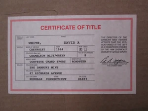Danbury Mint Paperwork 1964 Chevy Corvette Grand Sport Roadster - Picture 1 of 2
