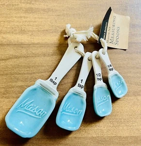 NEW Ceramic Measuring Spoons Blue / White Mason Jar Design Set of 4 World Market - Picture 1 of 8