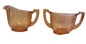Jeannette Glass Pink Depression Glass Swirl Pattern Open Sugar and Creamer - Picture 1 of 12