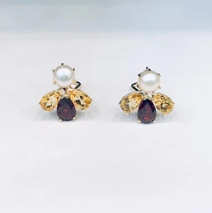 Vintage 14KT Yellow Gold Pearl Garnet Citrine Earrings - Picture 1 of 5