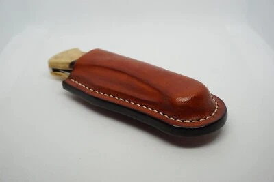 handmade buck 110 custom leather sheath saddle brown waxed hand stitch vertical - Image 1 of 4