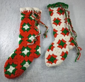 Vintage 2 Crocheted Cottage Core Christmas Stockings Red White Green - Picture 1 of 19