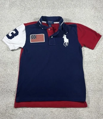 Polo Ralph Lauren Shirt Boys Size Small Navy White Red Big Pony Flag Patch Polo - Image 1 of 4