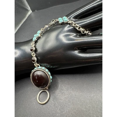 Vintage Turquoise Onyx Western Style Silver Tone Bali Style Link Bracelet 6.5" - Image 1 of 4