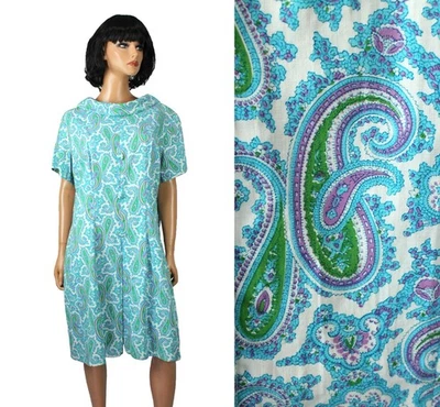 Vestido discoteca años 70 XL vintage psicodélico azul blanco cachemira algodón manga corta Foto 1 de 4