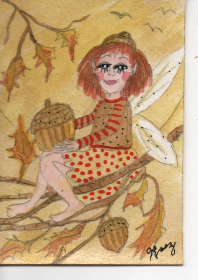 ACEO original acrylic mini fairy painting 'Acorn Fairy' fall autumn nut leaves - Image 1 of 1