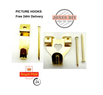 BRASS PICTURE HOOKS WITH NAILS *RM24* WALL HOOK HANGING FRAME SINGLE DOUBLE GOLD - Image 1 of 4