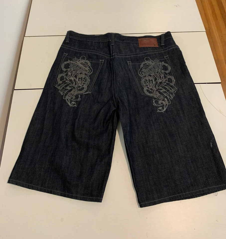 Pantalones Cortos Ecko Jean 40 Lavado Oscuro Dragón Bordado Y2K Pantalones Cortos Sueltos Patinador Grunge Foto 1 de 4