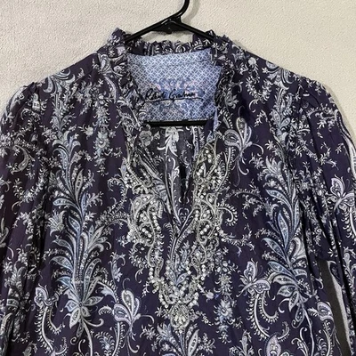 ROBERT GRAHAM Womens M Tunic Top Purple Blue Cotton Floral Paisley Sequin * See - Image 1 of 4