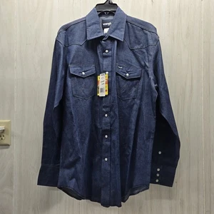 NUOVA camicia da lavoro Wrangler taglio cowboy western blu perla a scatto manica lunga GRANDE - Foto 1 di 9