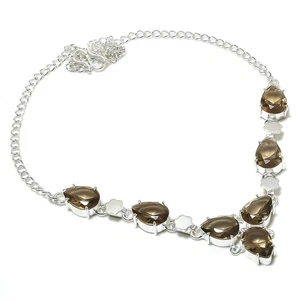 Smoky Quartz Gemstone Handmade 925 Sterling Silver Jewelry Necklace Size 18" - Picture 1 of 1