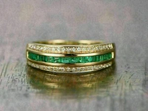 2Ct Princess Green Lab Created Emerald Wedding Ring In 14k Yellow Gold Finish - Picture 1 of 10