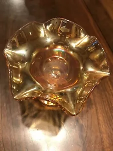 Vintage Iridescent Orange Glass Net Mint Candy Bowl Dish Ruffled Footed Handled - Picture 1 of 6