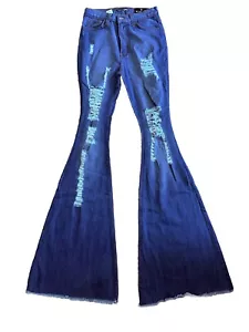 Fashion Nova Mind of Her Own Flare Jeans Womens Medium Sz 5 Blue Wash Ripped - Picture 1 of 2