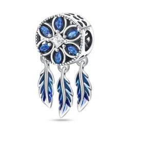 Blue White Crystal Dream Catcher Feather Spirit Charm Sterling Silver 925 - Picture 1 of 1