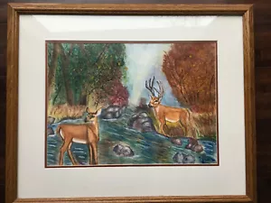 Acuarela Pintura Enmarcada Arte Firmado Naturaleza Cerda Buck Ciervo Northeast River Woods - Imagen 1 de 12