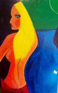 Big Canvas 19" x 30"COLORFUL LADY PAINTING original SWARTZMILLER DNA SIGNED ART - Picture 1 of 12
