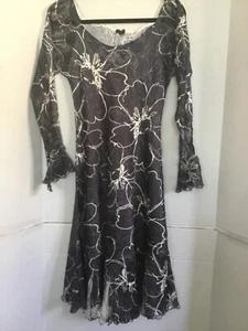 New KOMAROV Indigo Blue Print Dress L Sheer Gussets 3/4 Sleeve Crinkle Pleated - Picture 1 of 3