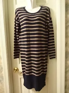 Joie Striped Wool Cashmere Long Sweater Navy Blue with Tan Stripes Dress Sz M - Picture 1 of 8
