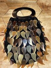 Shiraleah Black Velvet Leaf Fringe Beaded Bag With Round Tortoise Shell Handlesï¿¼