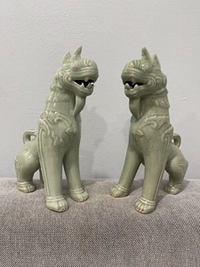 Thai Siam Celadon Green Glazed Pair of Mythical Beasts Qilin Figurines / Statues - Picture 1 of 11