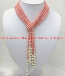 50 inch 4mm Pink Coral Round Beads Natural White Freshwater Pearl Necklaces - Picture 1 of 12