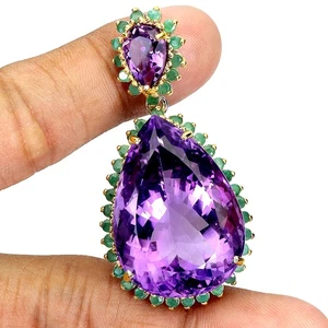 925 Sterling Silver Pendant Pear Amethyst 73ct Emerald Handmade Gemstone Jewelry - Picture 1 of 14