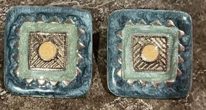 Vintage Ohrringe türkis, mintblau Emaille & silberfarben 1" quadratisch - Bild 1 von 3