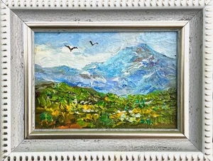 Mountain Landscape art Original oil painting mini art Meadow 3.5x2.5inch - Picture 1 of 9